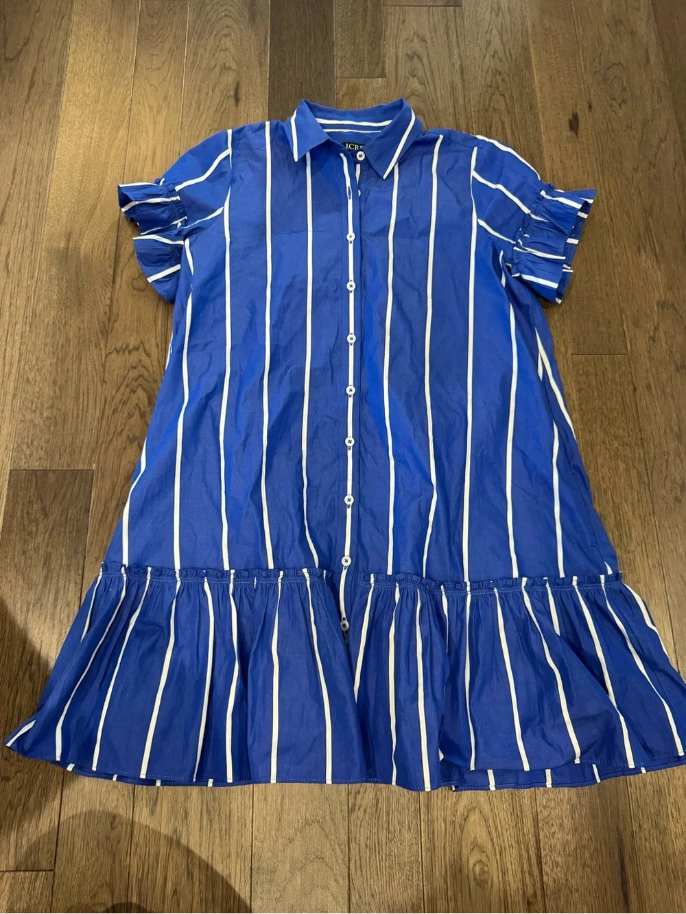 J. Crew “Amelia” Royal Blue & White Striped Button-Front Ruffle Dress